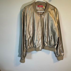 Gold metallic faux leather bomber jacket